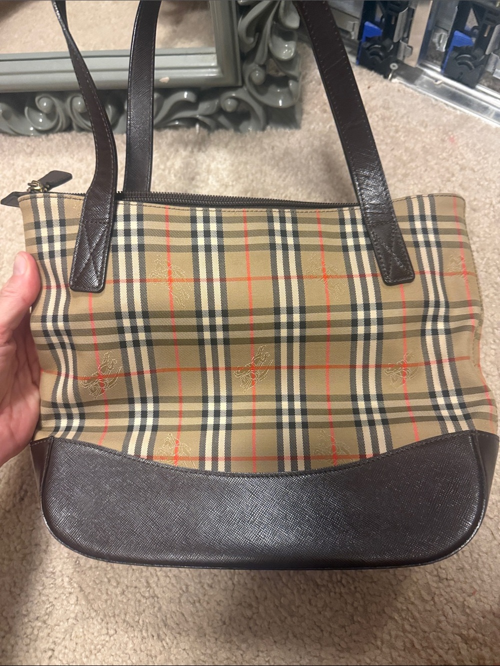 Classic Plaid Tote Bag with Dark Brown Trim -lookalike tote. - Picture 3 of 8